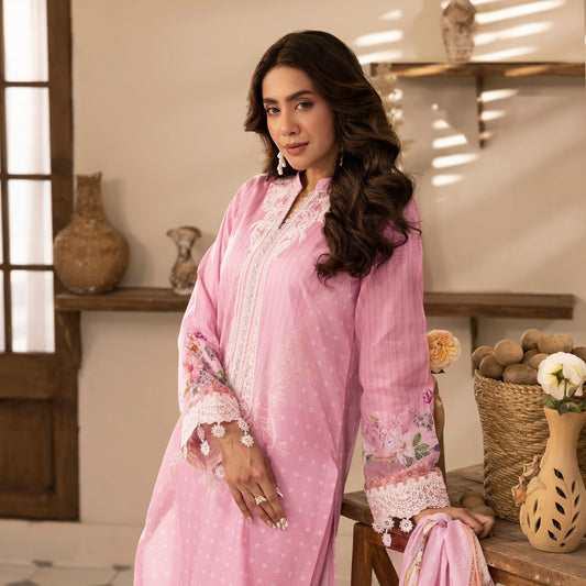 3 Piece Stitched Lawn Suit with Embroidery & Print