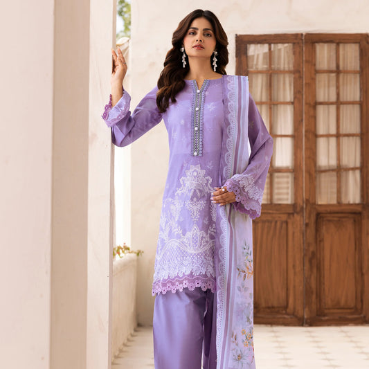 3 Piece Stitched Lawn Suit with Embroidery & Print