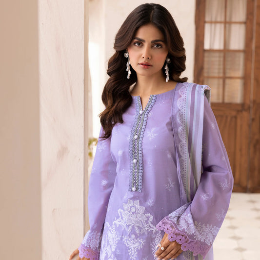 3 Piece Stitched Lawn Suit with Embroidery & Print