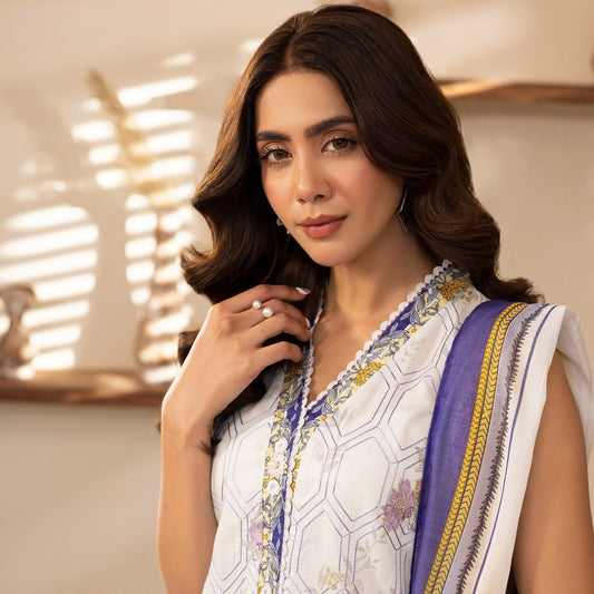 3 Piece Stitched Lawn Suit with Embroidery & Print