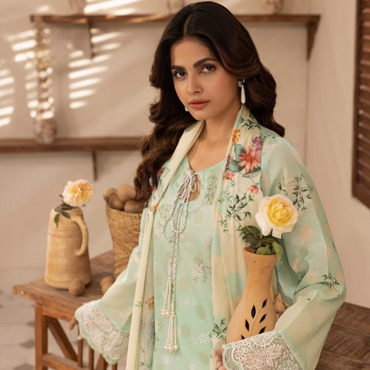 3 Piece Stitched Lawn Suit with Embroidery & Print